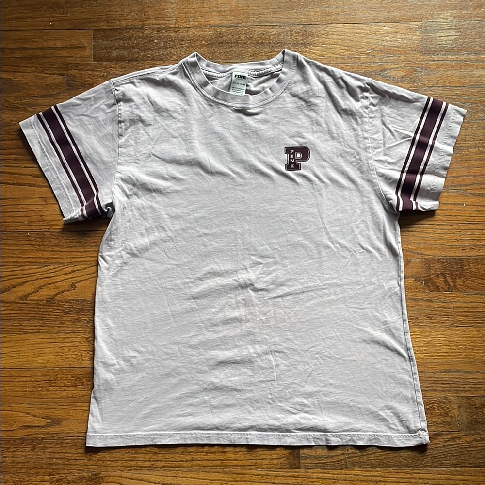 PINK Victoria’s Secret Purple Classic Striped Sleeve Crewneck T-Shirt